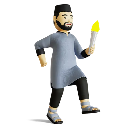 Homem muçulmano segurando tocha de fogo  3D Illustration