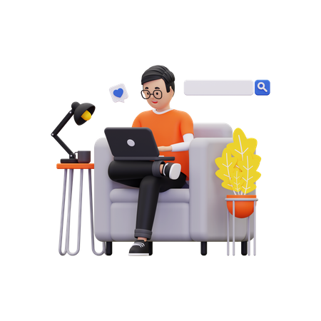 Homem navegando on-line com laptop  3D Illustration