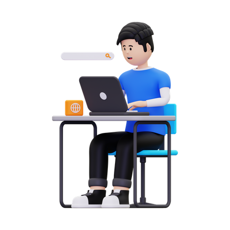 Homem navegando on-line com laptop  3D Illustration