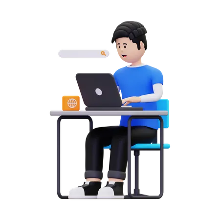 Homem navegando on-line com laptop  3D Illustration