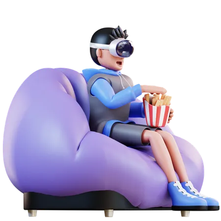 Homem assistindo realidade virtual enquanto come batatas fritas  3D Illustration