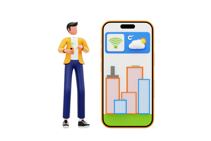 Homem observa smartphone mostrar status de cidade inteligente  3D Icon