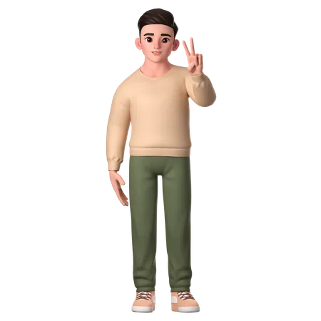 Personagem de homem mostrando um gesto de paz com a mão esquerda  3D Illustration