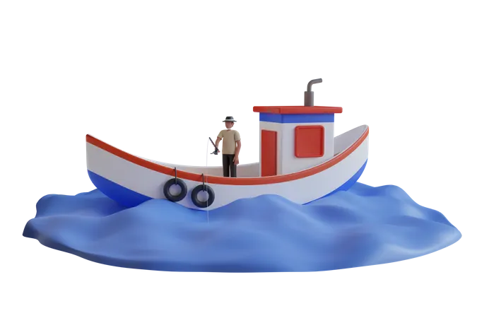 Homem pescando no barco  3D Illustration