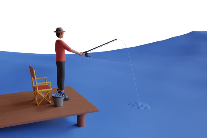 Homem pescando no lago  3D Illustration