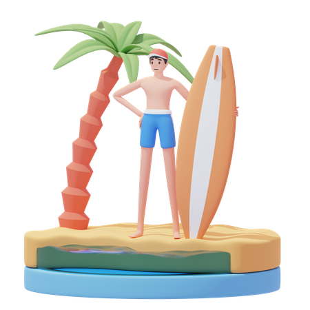 Homem se prepara para surfar  3D Illustration