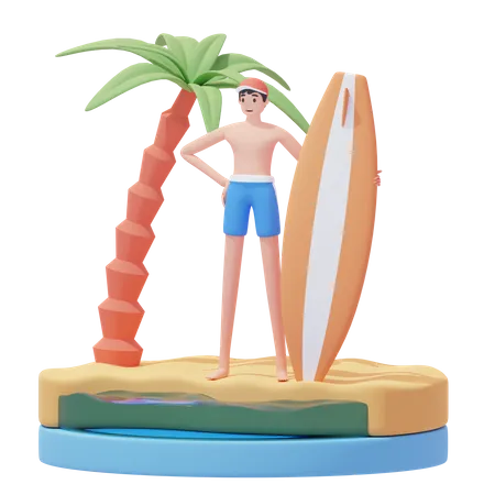 Homem se prepara para surfar  3D Illustration
