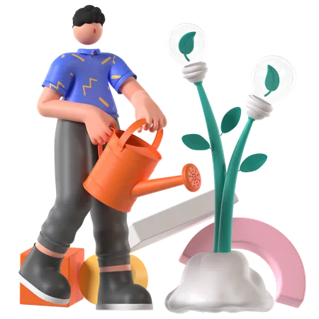 Homem rega planta em Energy Farm  3D Illustration