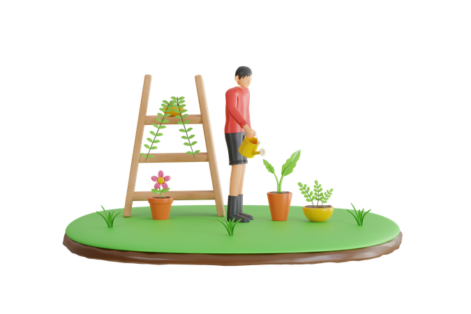 Homem regando plantas  3D Illustration