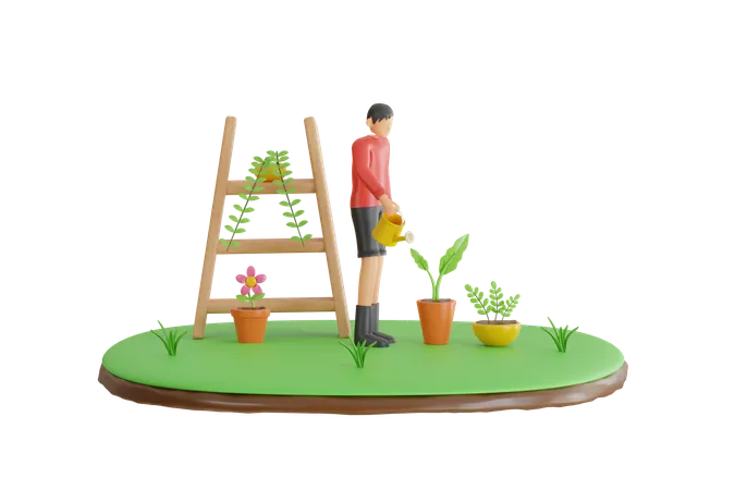 Homem regando plantas  3D Illustration