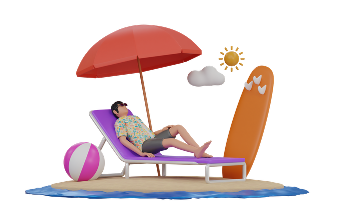 Homem relaxando na praia  3D Illustration