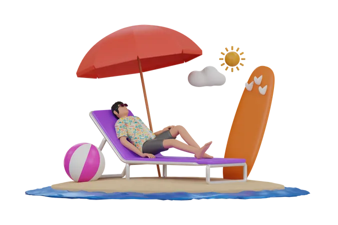 Homem relaxando na praia  3D Illustration