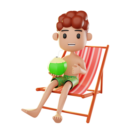 Homem relaxando na praia bebendo água de coco  3D Illustration