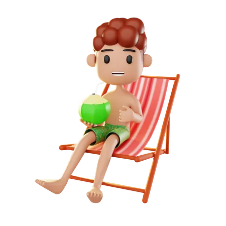 Homem relaxando na praia bebendo água de coco  3D Illustration