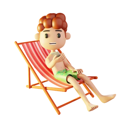 Homem relaxando na praia brincando com smartphone  3D Illustration