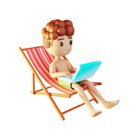 Homem relaxando na praia e trabalhando no laptop  3D Illustration