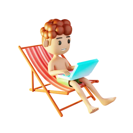 Homem relaxando na praia e trabalhando no laptop  3D Illustration