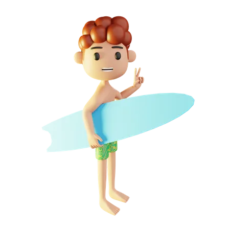 Homem relaxando na praia jogando surf  3D Illustration