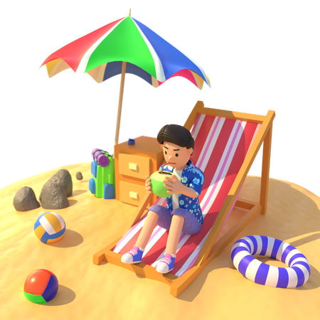 Homem relaxa na praia  3D Illustration