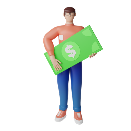 Homem rico segurando uma nota de dólar  3D Illustration