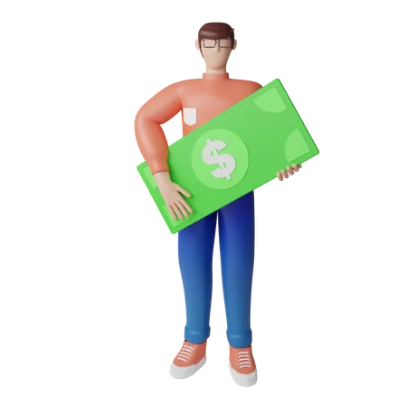 Homem rico segurando uma nota de dólar  3D Illustration