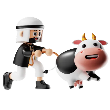 Homem segura rabo de vaca  3D Illustration