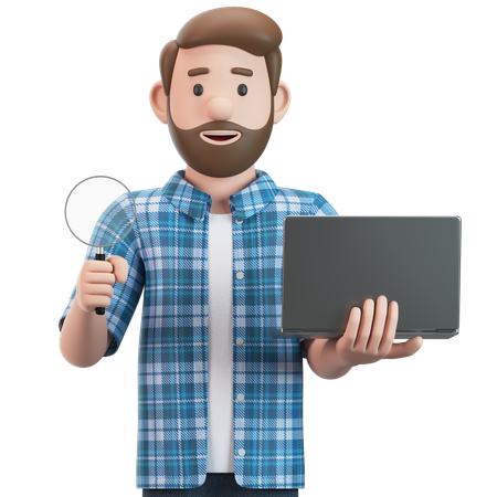 Homem segura uma lupa e um laptop na mão  3D Illustration