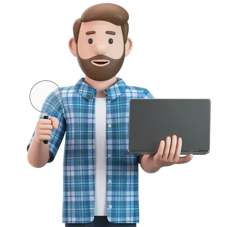 Homem segura uma lupa e um laptop na mão  3D Illustration