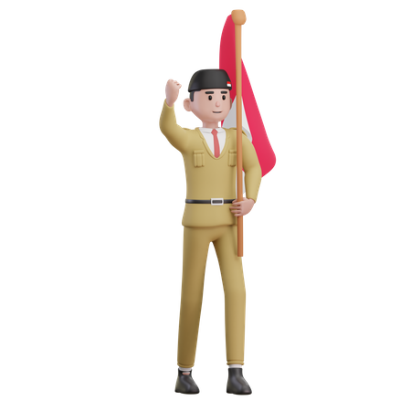Homem segurando a bandeira da Indonésia  3D Illustration