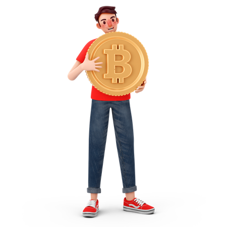 Homem segurando bitcoin  3D Illustration