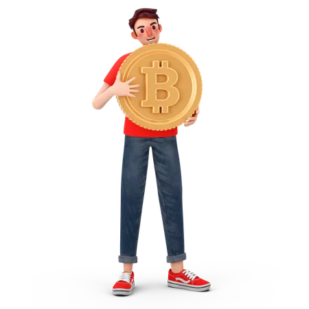 Homem segurando bitcoin  3D Illustration