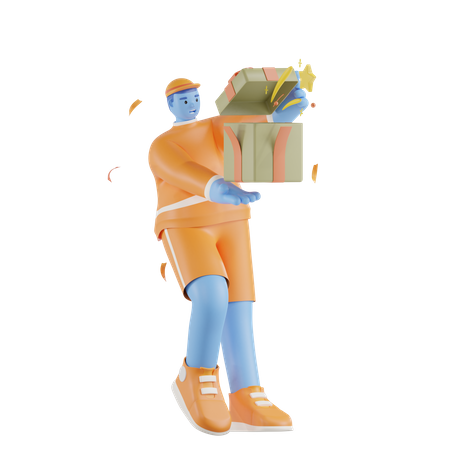 Homem segurando uma caixa de presente surpresa  3D Illustration