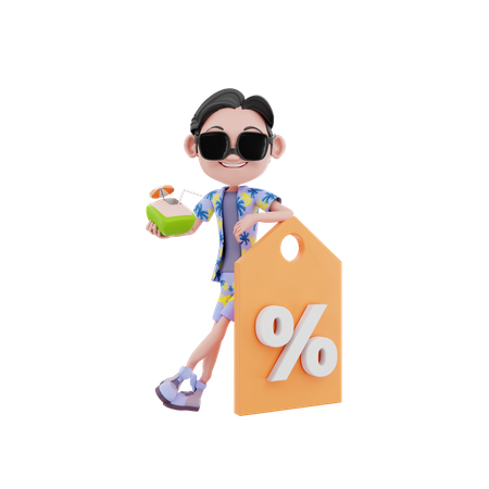 Homem segurando etiqueta de desconto e coco  3D Illustration