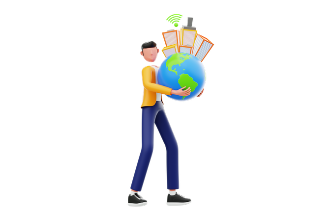 Homem segurando um globo com uma cidade inteligente  3D Icon