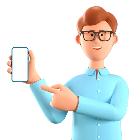 Homem segurando smartphone e mostrando tela em branco  3D Illustration