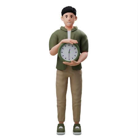 Homem segurando um relógio de parede  3D Illustration