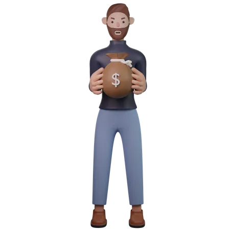Homem segurando saco de dinheiro  3D Illustration