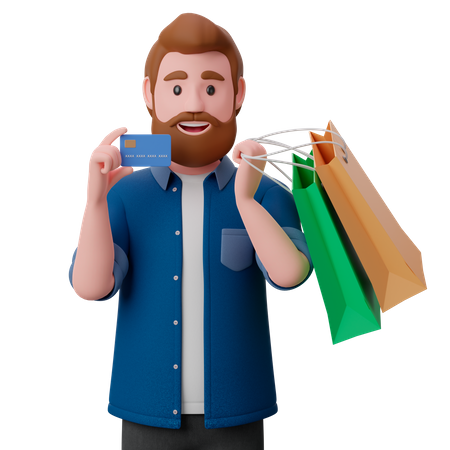 Homem segurando sacolas de compras e mostrando cartão de crédito  3D Illustration