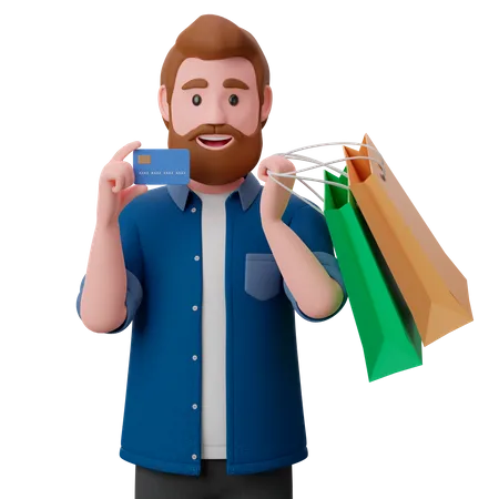 Homem segurando sacolas de compras e mostrando cartão de crédito  3D Illustration