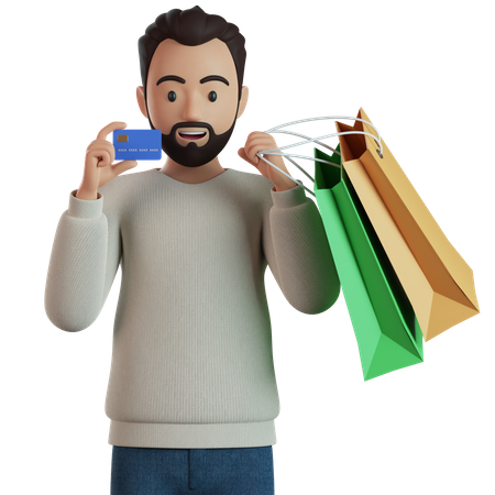 Homem segurando sacolas de compras e mostrando cartão de crédito  3D Illustration