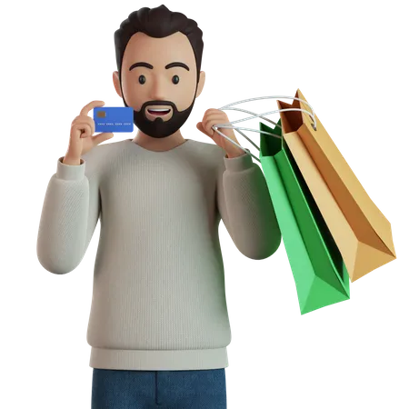 Homem segurando sacolas de compras e mostrando cartão de crédito  3D Illustration