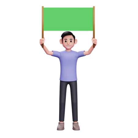 Ilustracao De Personagem 3 D Homem Casual Segurando Um Cartaz Verde Com As Duas Maos Transmite Uma Mensagem Escrita Via Cartaz 3D Illustration