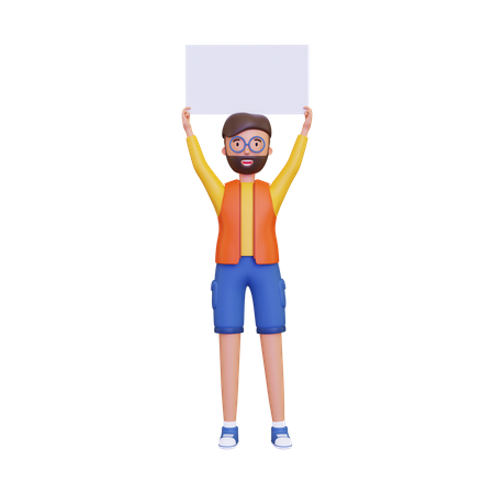Homem segurando um cartaz em branco  3D Illustration
