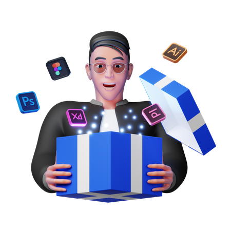 Homem segurando um presente de assinatura de software  3D Icon
