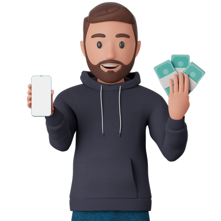 Homem segurando um smartphone e muito dinheiro  3D Illustration