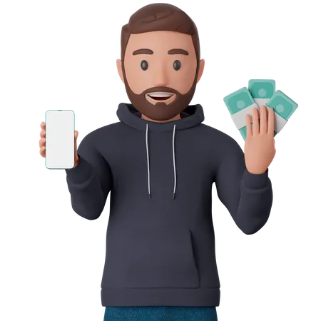 Homem segurando um smartphone e muito dinheiro  3D Illustration
