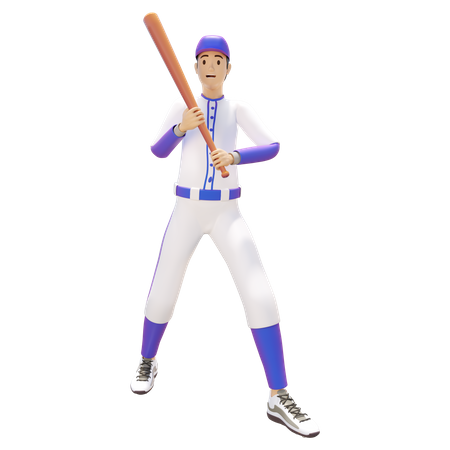 Homem segurando taco de beisebol e jogando beisebol  3D Illustration