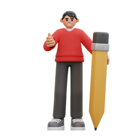 Homem segura um lápis grande em pé  3D Icon