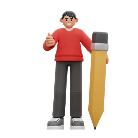 Homem segura um lápis grande em pé  3D Icon