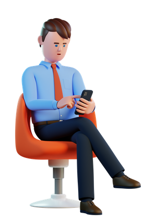 Homem sentado em uma cadeira com smartphone nas mãos  3D Illustration